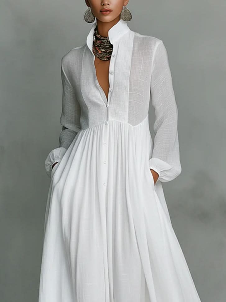 Léonie™ | Minimalist Maxi Dress with Stand-Up Collar