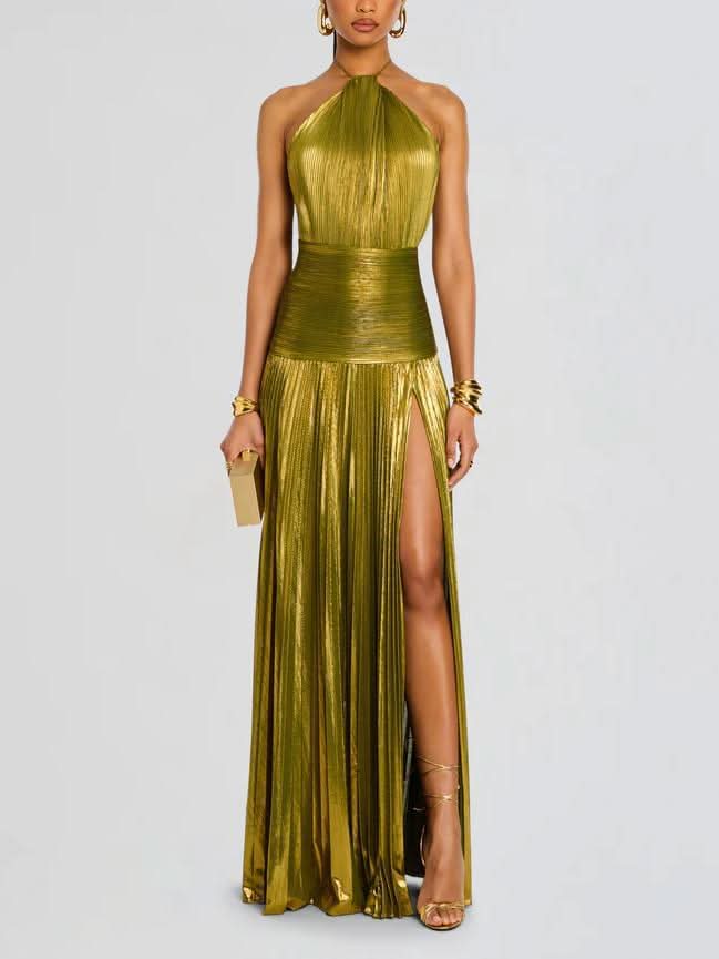 Trendy Metallic Plissé Halter Gown